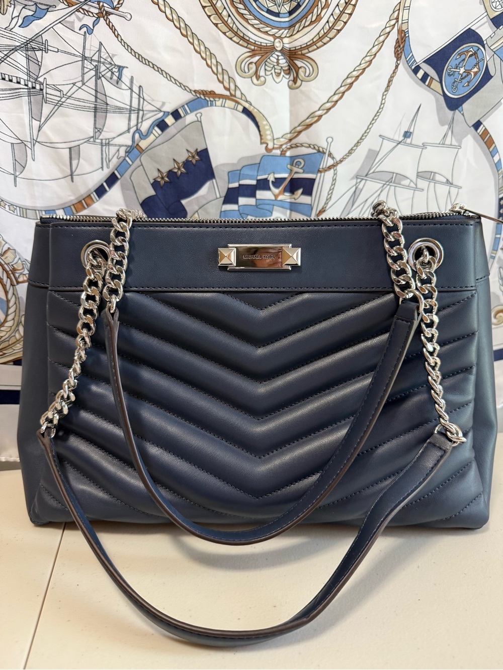 Michael Kors Quilted Navy Shoulder Tote with Silver Chain Straps